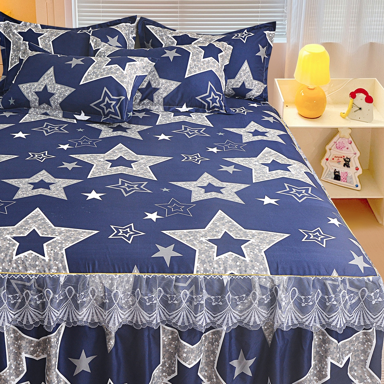 91家纺网 家纺一手货源 找家纺 小雨家纺 2026新款蕾丝花边双边跨境芦荟棉床裙 五角星（蕾丝花边）