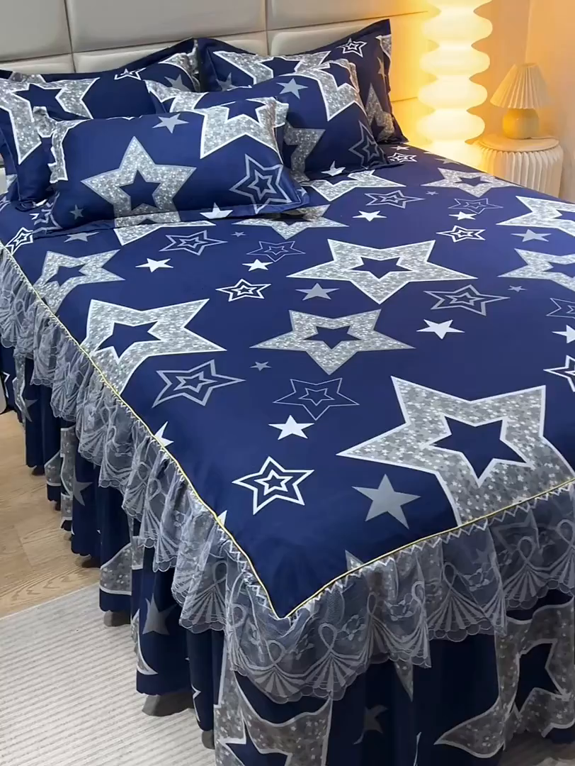 91家纺网 家纺一手货源 找家纺 小雨家纺 2026新款蕾丝花边双边跨境芦荟棉床裙 五角星（蕾丝花边）