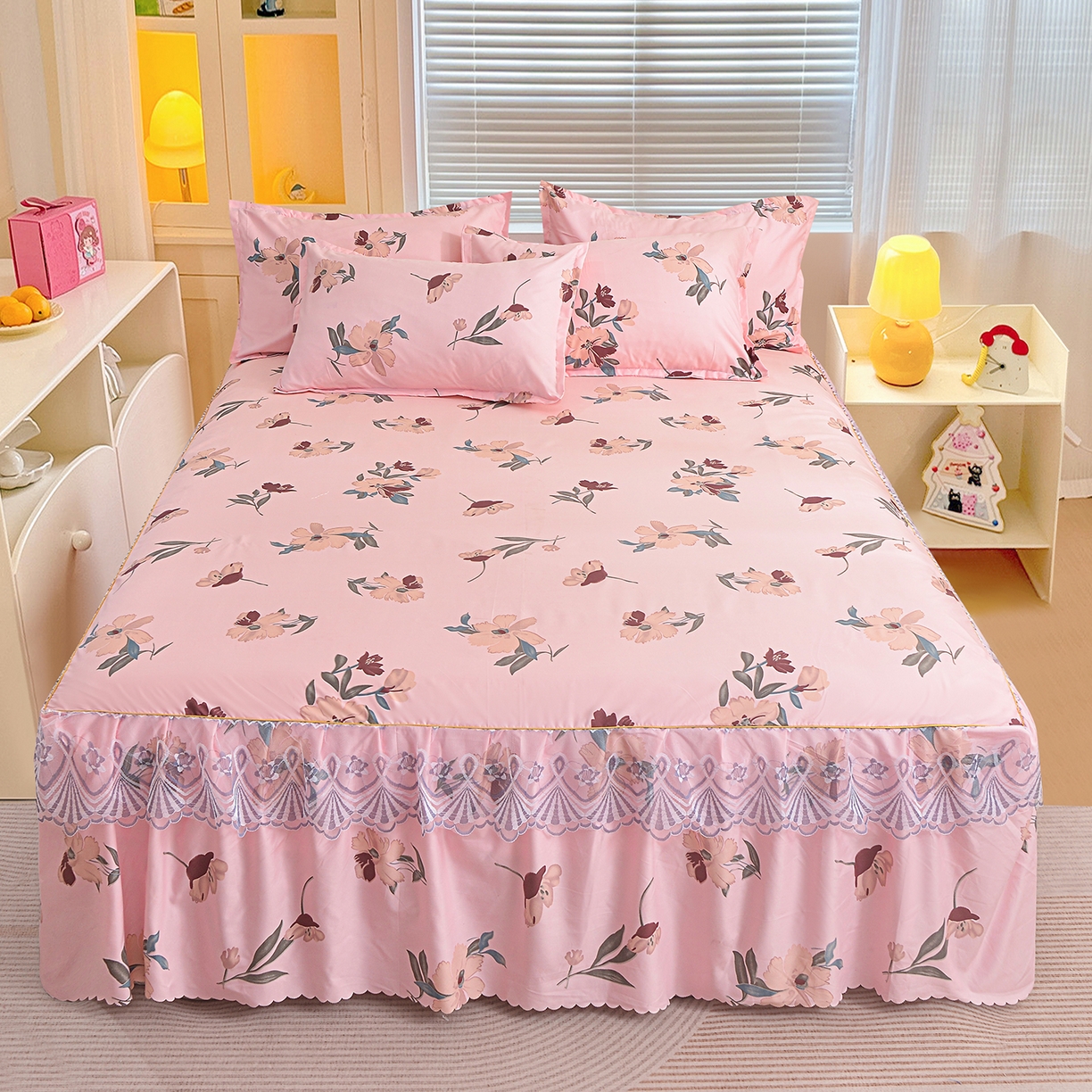 小雨家纺 2026新款蕾丝花边双边跨境芦荟棉床裙 争奇斗艳-粉（蕾丝花边）