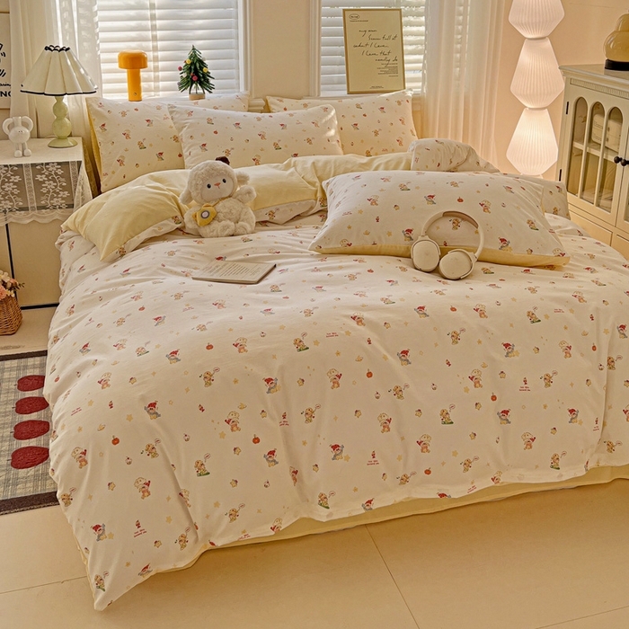 91家纺网 家纺一手货源 找家纺 温眠家纺 2026新款A类古法水洗仿棉云感棉加厚四件套 星星人