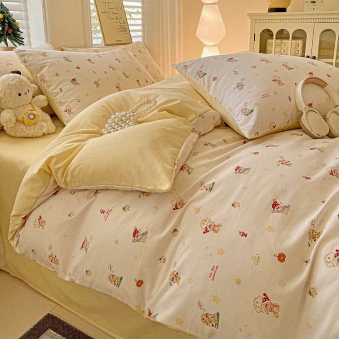 91家纺网 家纺一手货源 找家纺 温眠家纺 2026新款A类古法水洗仿棉云感棉加厚四件套 星星人