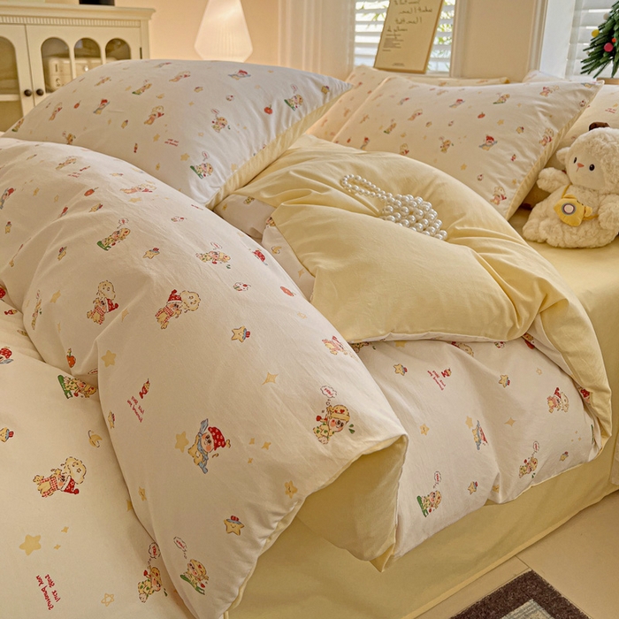 91家纺网 家纺一手货源 找家纺 温眠家纺 2026新款A类古法水洗仿棉云感棉加厚四件套 星星人