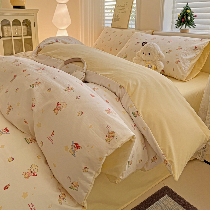 91家纺网 家纺一手货源 找家纺 温眠家纺 2026新款A类古法水洗仿棉云感棉加厚四件套 星星人