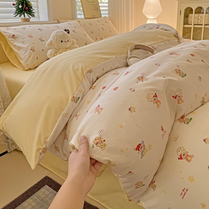 91家纺网 家纺一手货源 找家纺 温眠家纺 2026新款A类古法水洗仿棉云感棉加厚四件套 星星人