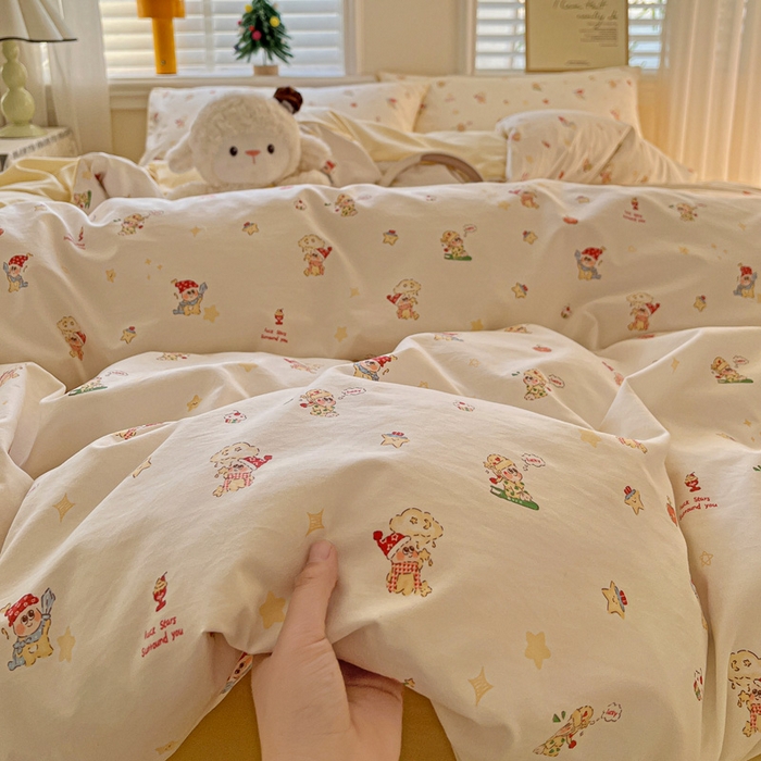 91家纺网 家纺一手货源 找家纺 温眠家纺 2026新款A类古法水洗仿棉云感棉加厚四件套 星星人