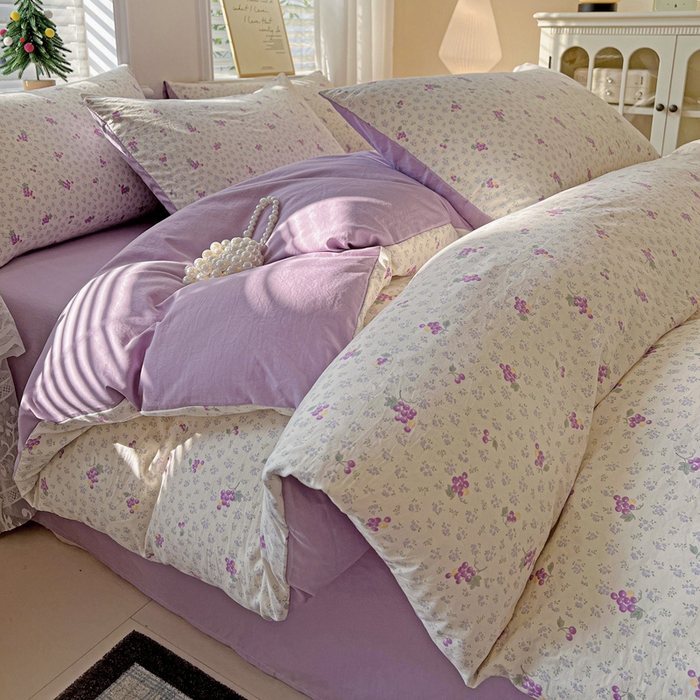 温眠家纺 2026新款A类古法水洗仿棉云感棉加厚四件套 紫色葡萄