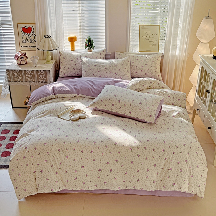 91家纺网 家纺一手货源 找家纺 温眠家纺 2026新款A类古法水洗仿棉云感棉加厚四件套 紫色葡萄