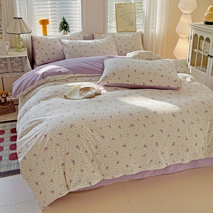 91家纺网 家纺一手货源 找家纺 温眠家纺 2026新款A类古法水洗仿棉云感棉加厚四件套 紫色葡萄