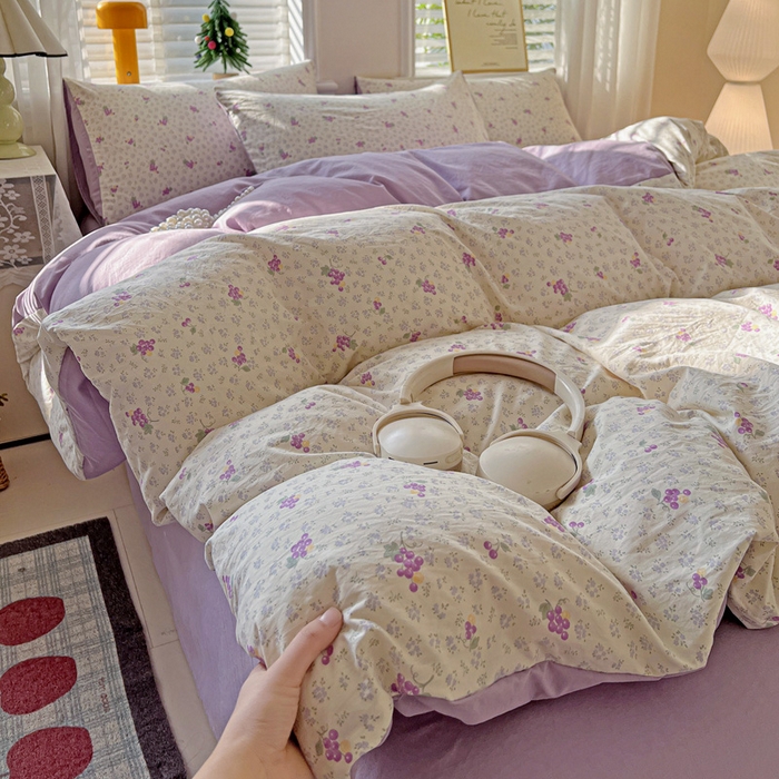 91家纺网 家纺一手货源 找家纺 温眠家纺 2026新款A类古法水洗仿棉云感棉加厚四件套 紫色葡萄