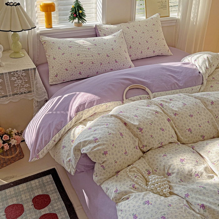 91家纺网 家纺一手货源 找家纺 温眠家纺 2026新款A类古法水洗仿棉云感棉加厚四件套 紫色葡萄