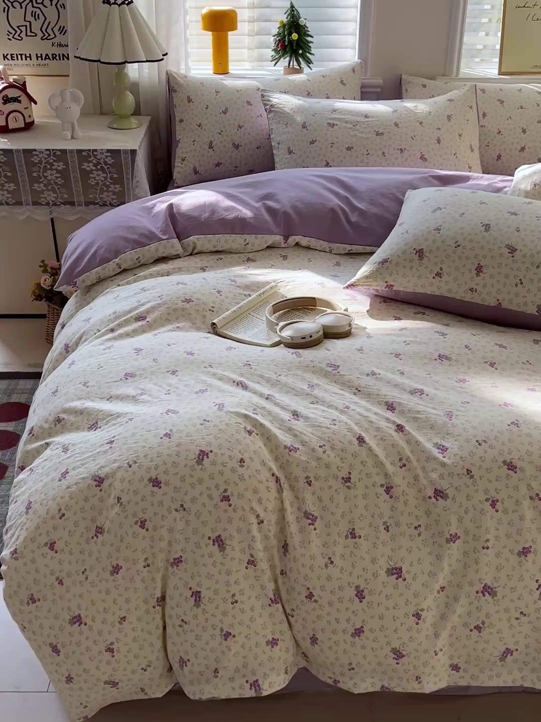 91家纺网 家纺一手货源 找家纺 温眠家纺 2026新款A类古法水洗仿棉云感棉加厚四件套 紫色葡萄