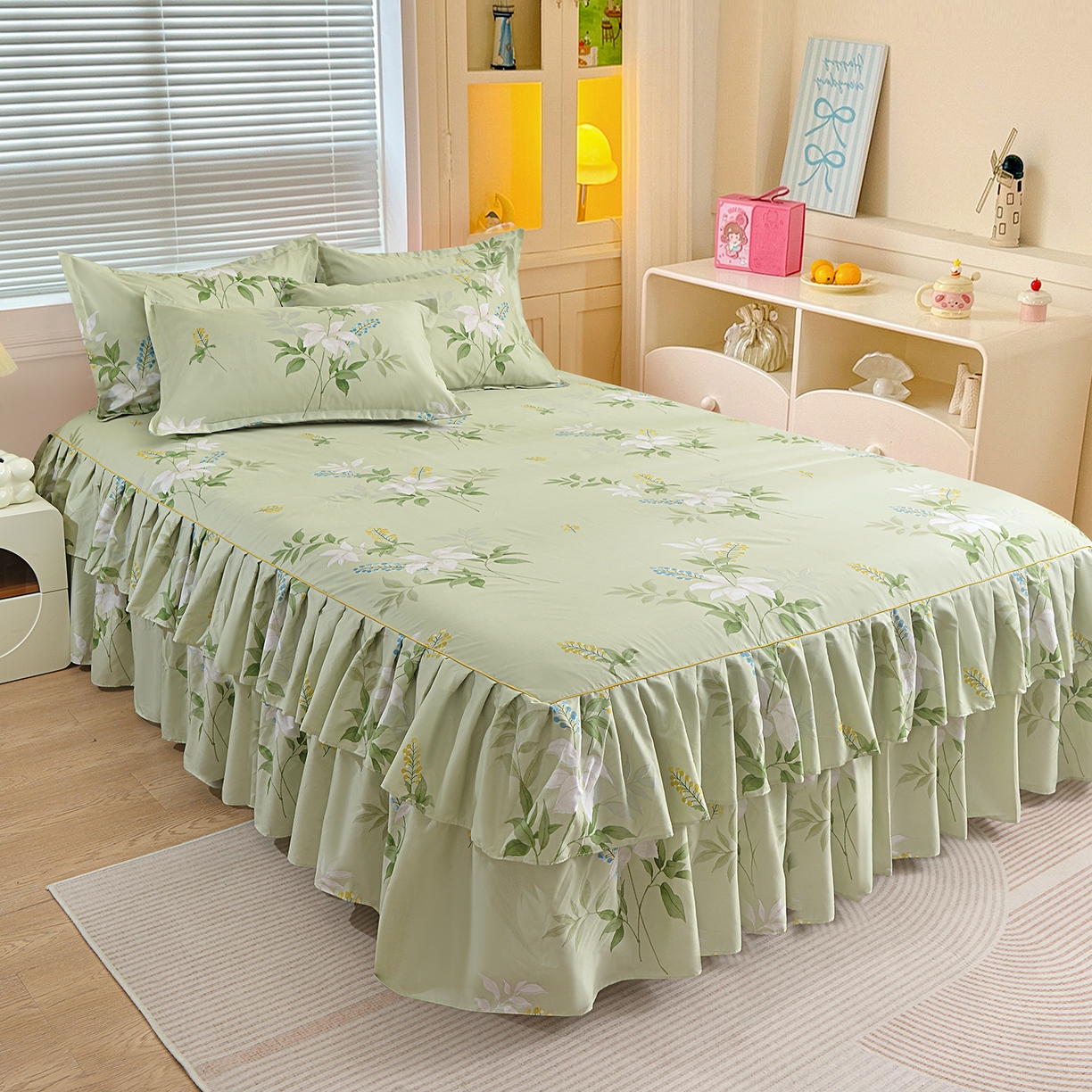 小雨家纺 2026新款双层花边芦荟棉跨境芦荟棉床裙三件套 诗情画意-绿