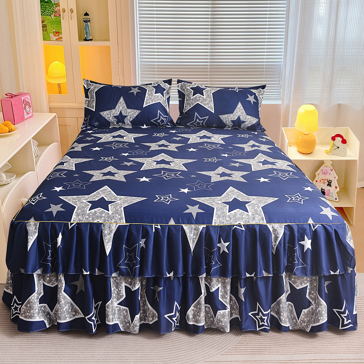 91家纺网 家纺一手货源 找家纺 小雨家纺 2026新款双层花边芦荟棉跨境芦荟棉床裙三件套 五角星