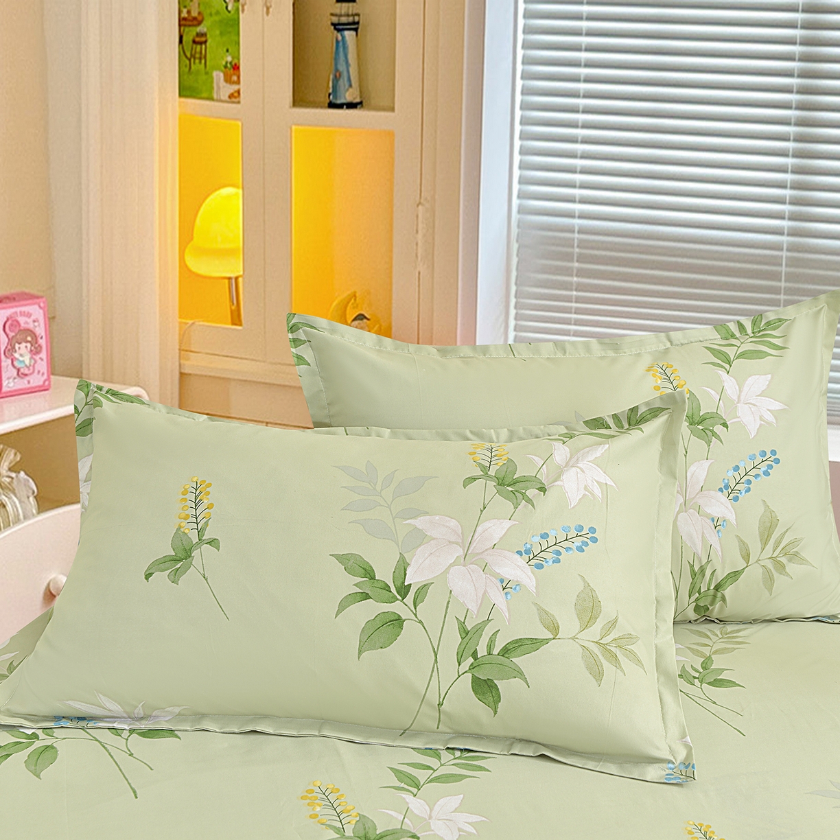 91家纺网 家纺一手货源 找家纺 小雨家纺 2026新款双层花边芦荟棉跨境芦荟棉床裙三件套 诗情画意-绿