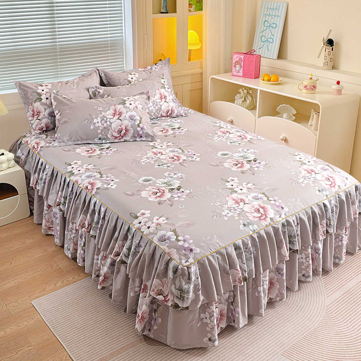 小雨家纺 2026新款双层花边芦荟棉跨境芦荟棉床裙三件套 万事如意-棕