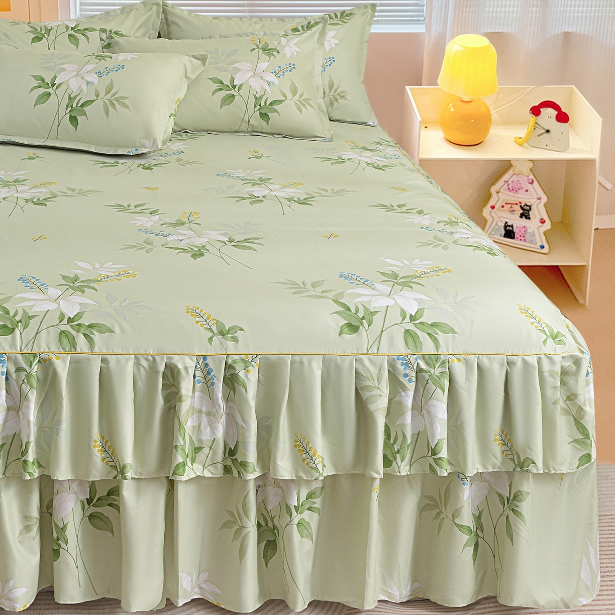 91家纺网 家纺一手货源 找家纺 小雨家纺 2026新款双层花边芦荟棉跨境芦荟棉床裙三件套 诗情画意-绿