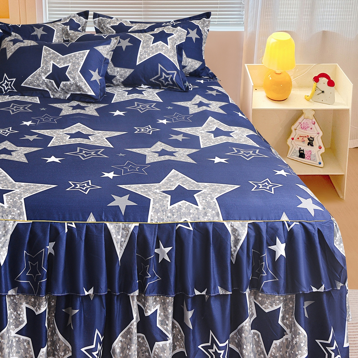 91家纺网 家纺一手货源 找家纺 小雨家纺 2026新款双层花边芦荟棉跨境芦荟棉床裙三件套 五角星