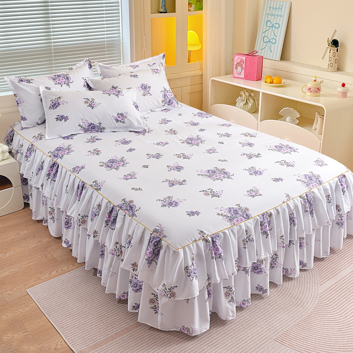 91家纺网 家纺一手货源 找家纺 （总）小雨家纺 2026新款双层花边芦荟棉跨境芦荟棉床裙三件套