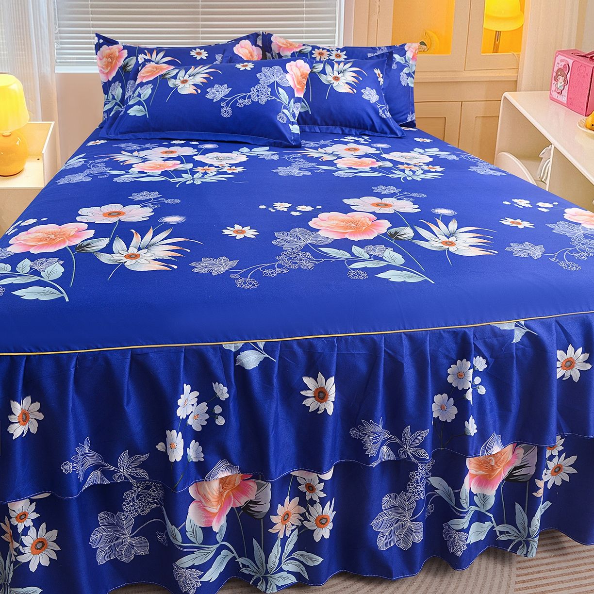 91家纺网 家纺一手货源 找家纺 （总）小雨家纺 2026新款双层花边芦荟棉跨境芦荟棉床裙三件套