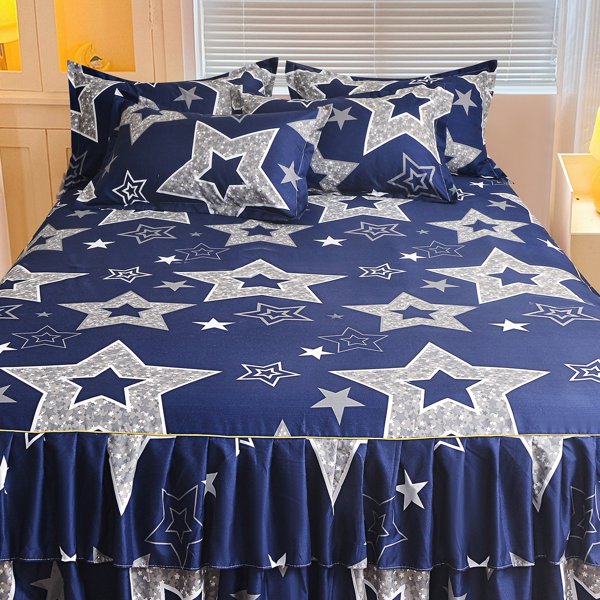 91家纺网 家纺一手货源 找家纺 小雨家纺 2026新款双层花边芦荟棉跨境芦荟棉床裙三件套 五角星