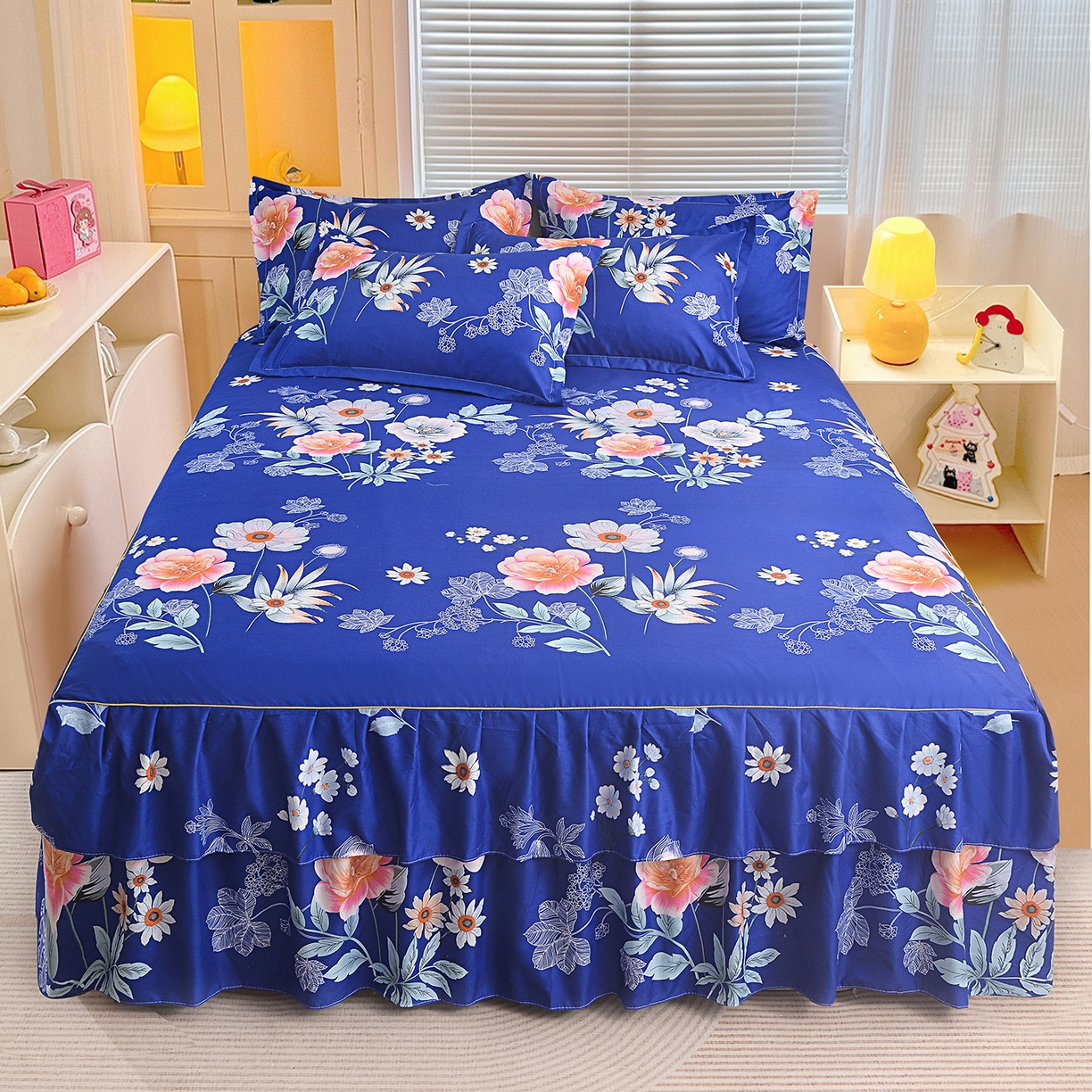 91家纺网 家纺一手货源 找家纺 （总）小雨家纺 2026新款双层花边芦荟棉跨境芦荟棉床裙三件套