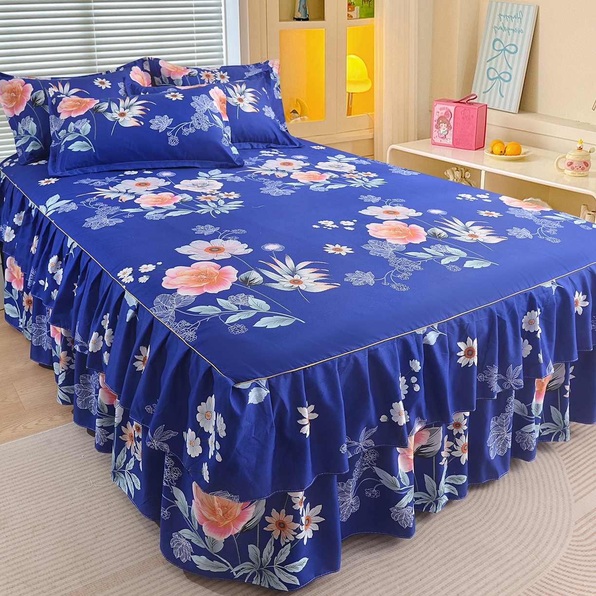 91家纺网 家纺一手货源 找家纺 （总）小雨家纺 2026新款双层花边芦荟棉跨境芦荟棉床裙三件套