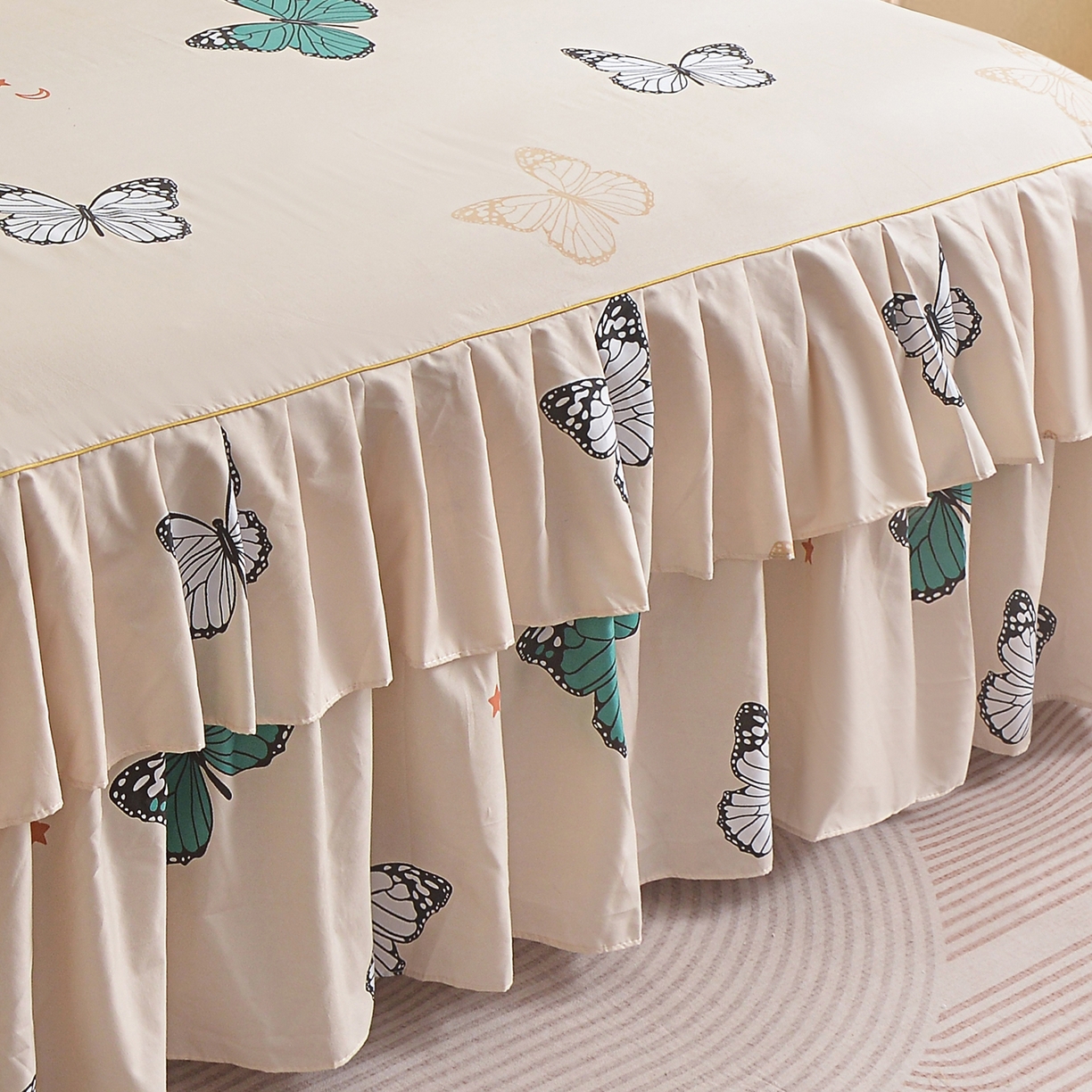 91家纺网 家纺一手货源 找家纺 小雨家纺 2026新款双层花边芦荟棉跨境芦荟棉床裙三件套 化蝶