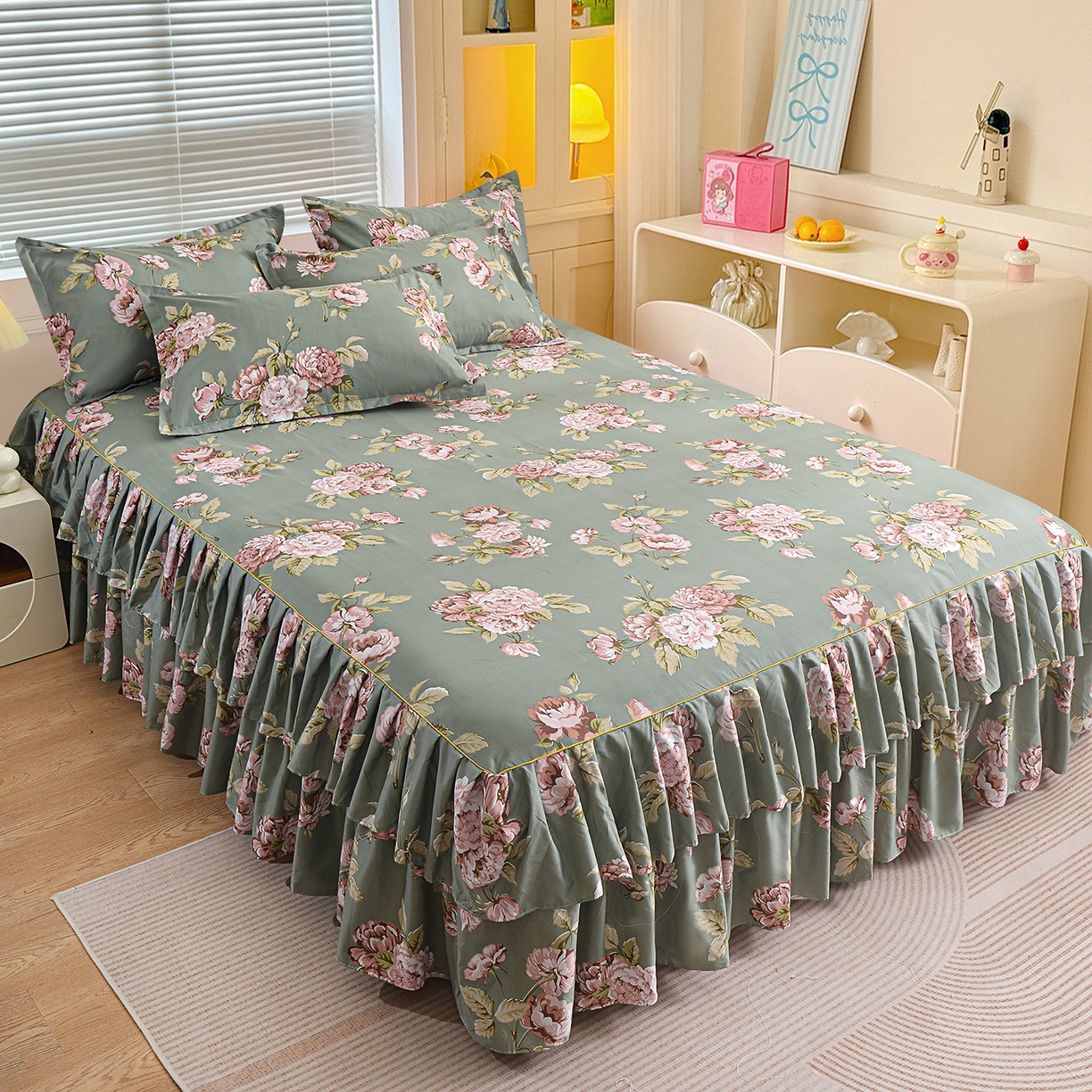 小雨家纺 2026新款双层花边芦荟棉跨境芦荟棉床裙三件套 古色古香-绿