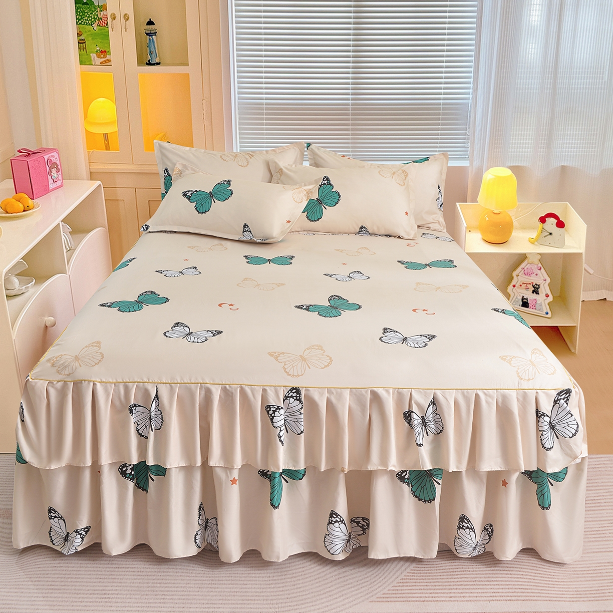 91家纺网 家纺一手货源 找家纺 小雨家纺 2026新款双层花边芦荟棉跨境芦荟棉床裙三件套 化蝶