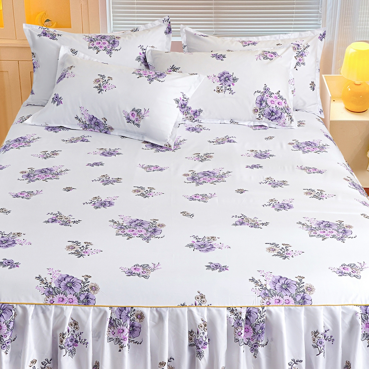 91家纺网 家纺一手货源 找家纺 小雨家纺 2026新款双层花边芦荟棉跨境芦荟棉床裙三件套 朝气蓬勃-紫