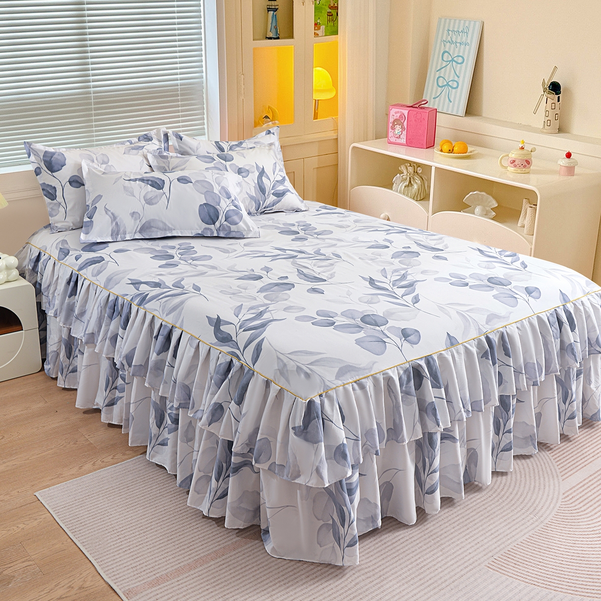 小雨家纺 2026新款双层花边芦荟棉跨境芦荟棉床裙三件套 一叶知秋-灰