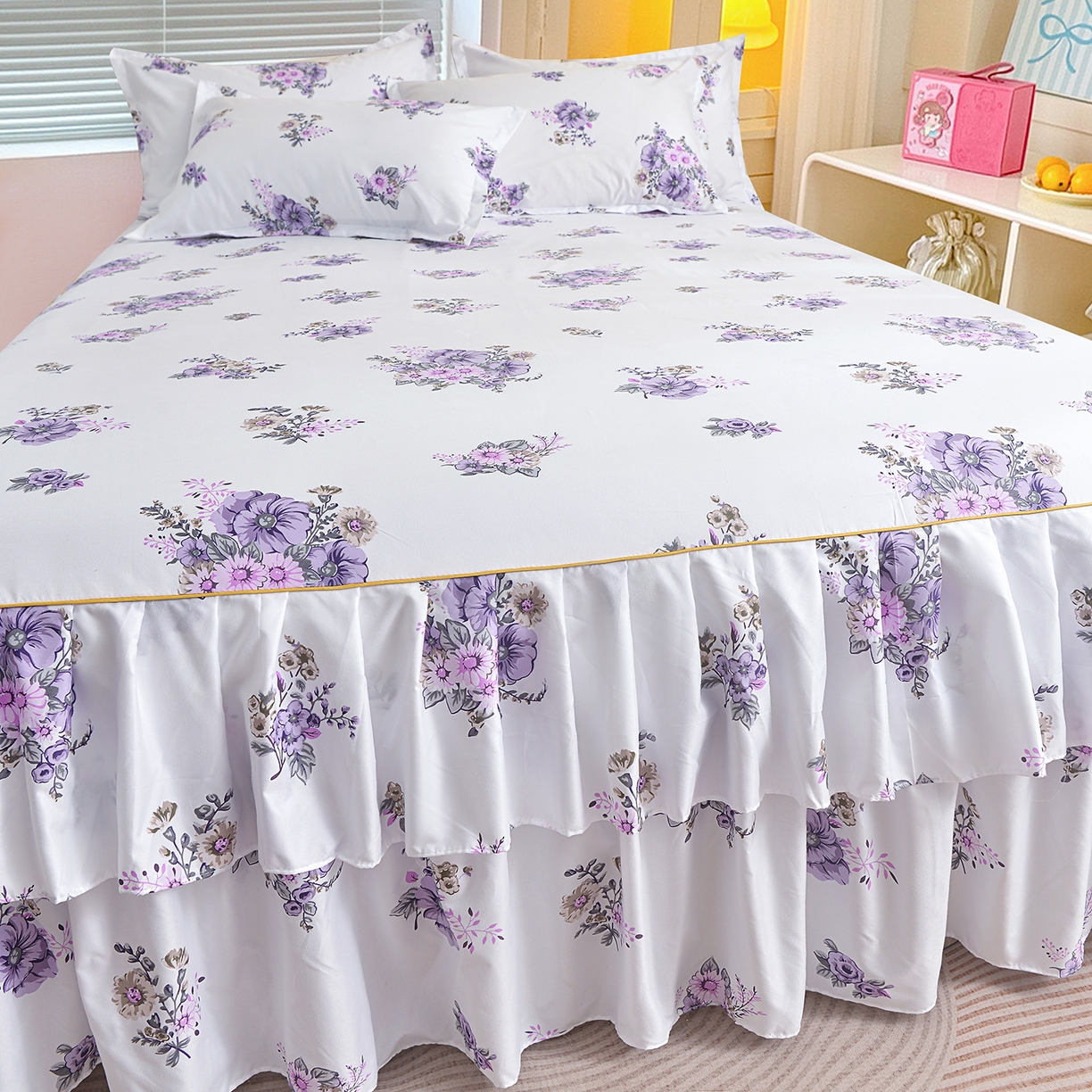 91家纺网 家纺一手货源 找家纺 小雨家纺 2026新款双层花边芦荟棉跨境芦荟棉床裙三件套 朝气蓬勃-紫