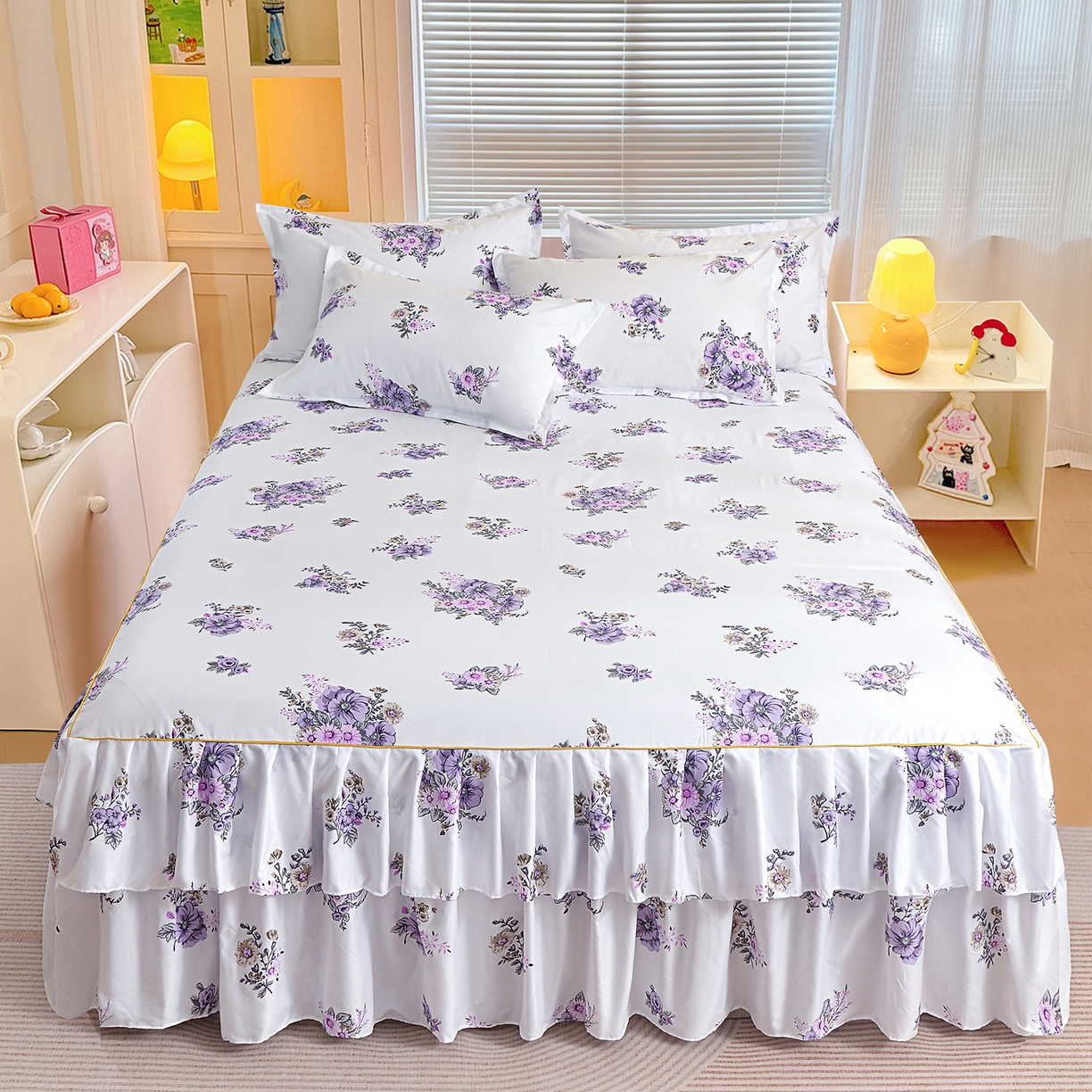 91家纺网 家纺一手货源 找家纺 小雨家纺 2026新款双层花边芦荟棉跨境芦荟棉床裙三件套 朝气蓬勃-紫