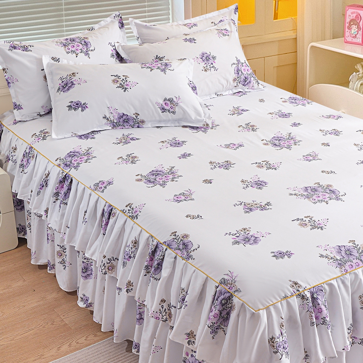 91家纺网 家纺一手货源 找家纺 小雨家纺 2026新款双层花边芦荟棉跨境芦荟棉床裙三件套 朝气蓬勃-紫