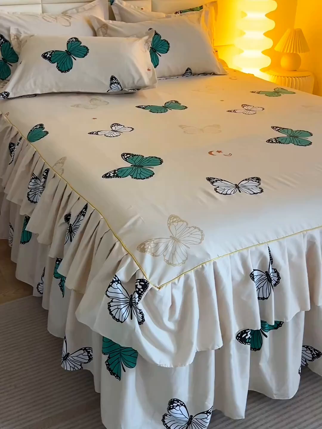 91家纺网 家纺一手货源 找家纺 小雨家纺 2026新款双层花边芦荟棉跨境芦荟棉床裙三件套 化蝶