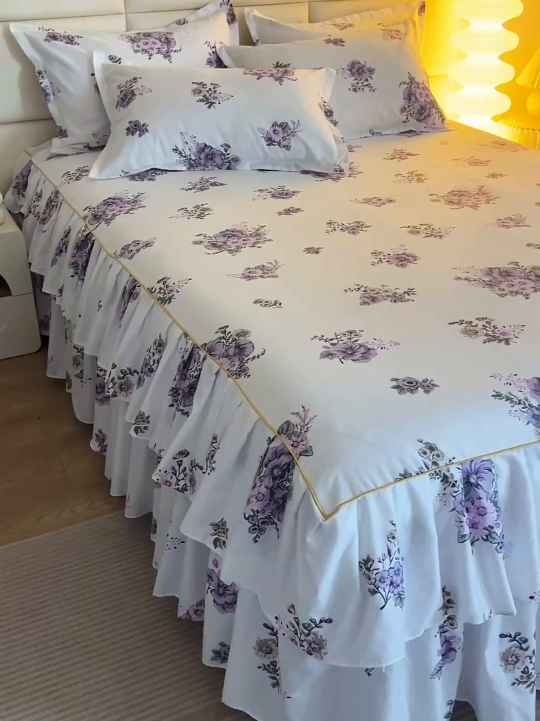 91家纺网 家纺一手货源 找家纺 小雨家纺 2026新款双层花边芦荟棉跨境芦荟棉床裙三件套 朝气蓬勃-紫