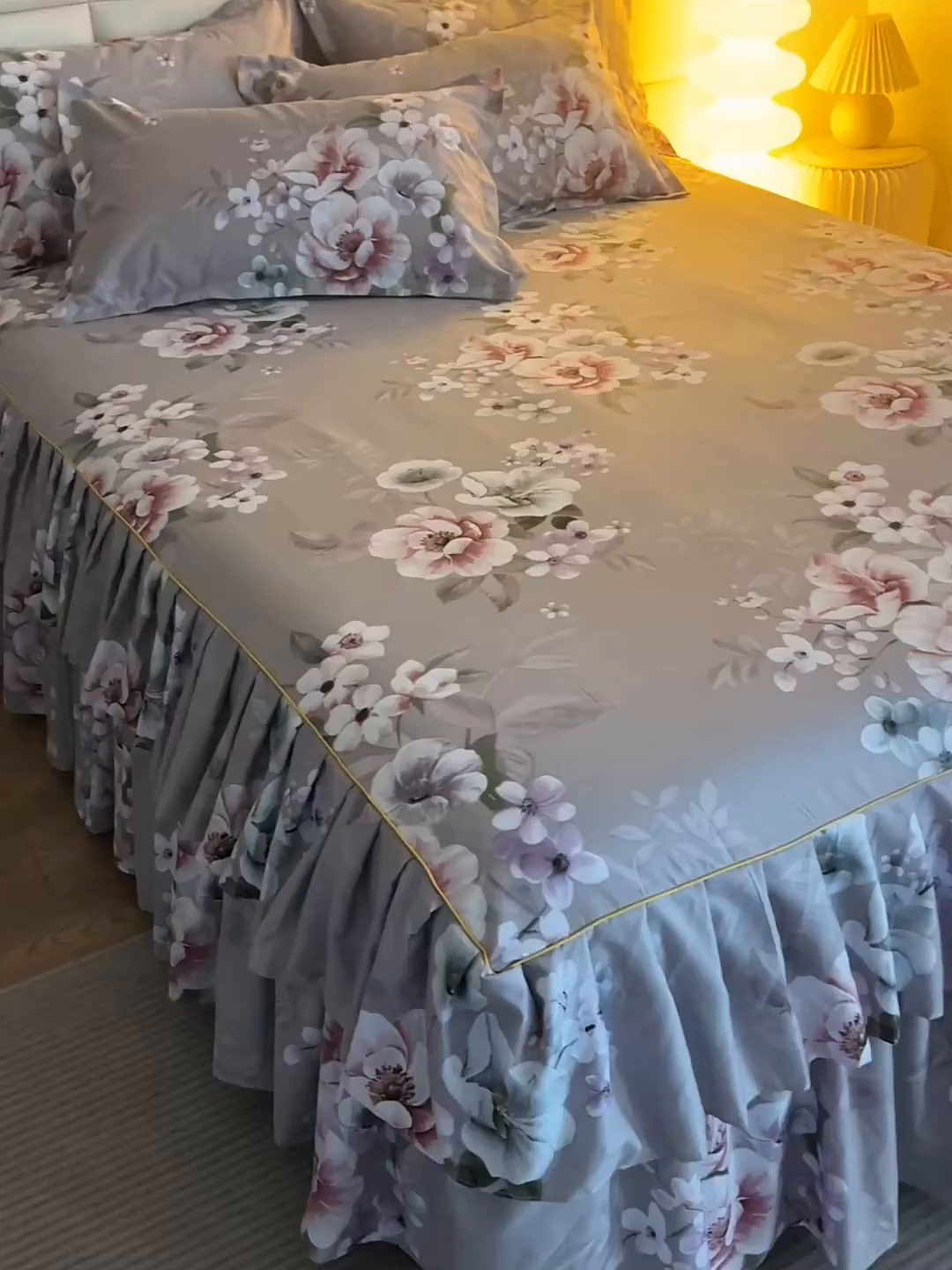 91家纺网 家纺一手货源 找家纺 小雨家纺 2026新款双层花边芦荟棉跨境芦荟棉床裙三件套 万事如意-棕