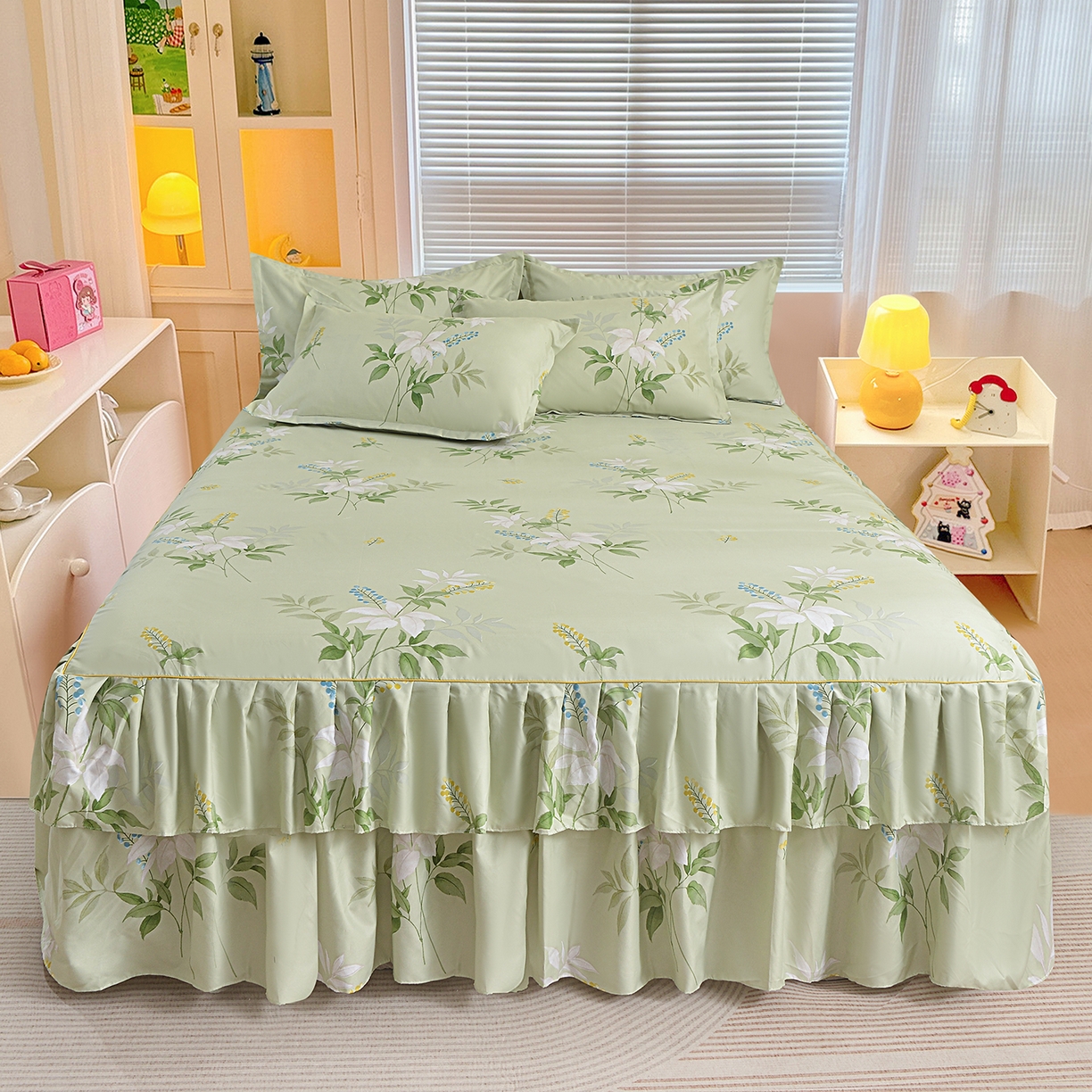 91家纺网 家纺一手货源 找家纺 小雨家纺 2026新款双边芦荟棉韩版跨境四件套 诗情画意-绿