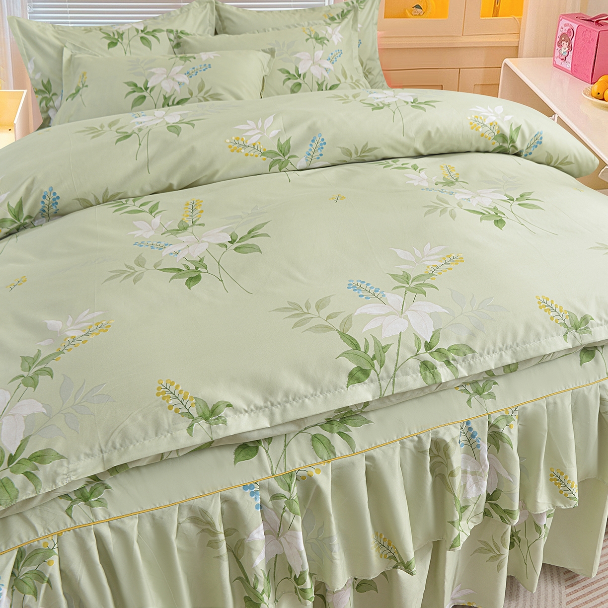 91家纺网 家纺一手货源 找家纺 小雨家纺 2026新款双边芦荟棉韩版跨境四件套 诗情画意-绿
