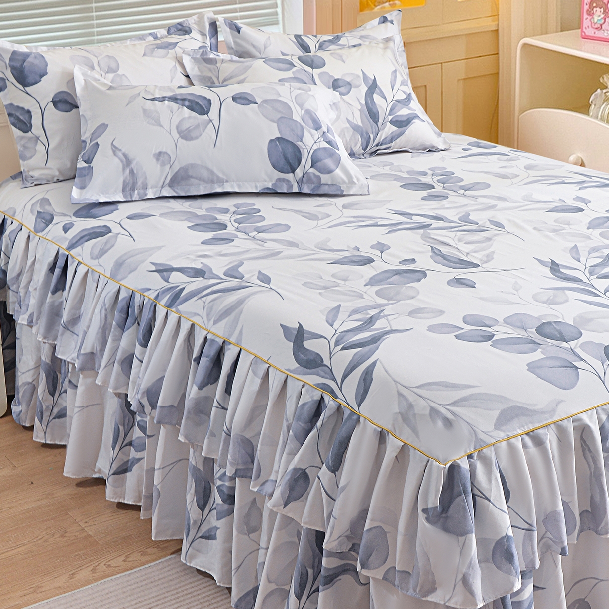 91家纺网 家纺一手货源 找家纺 小雨家纺 2026新款双边芦荟棉韩版跨境四件套 一叶知秋-灰