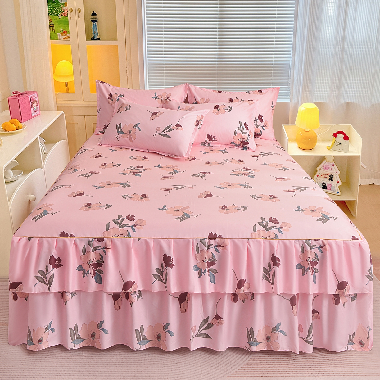 91家纺网 家纺一手货源 找家纺 小雨家纺 2026新款双边芦荟棉韩版跨境四件套 争奇斗艳-粉