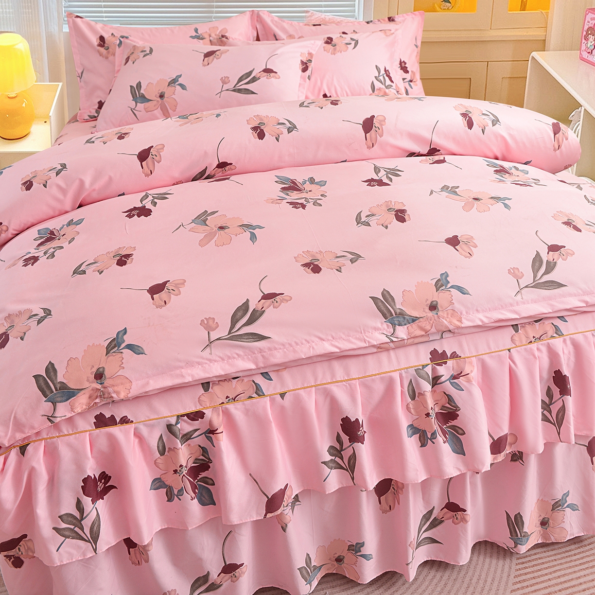 91家纺网 家纺一手货源 找家纺 小雨家纺 2026新款双边芦荟棉韩版跨境四件套 争奇斗艳-粉