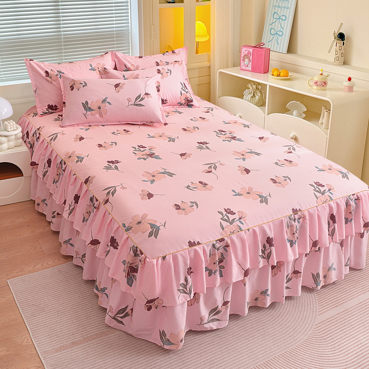 91家纺网 家纺一手货源 找家纺 小雨家纺 2026新款双边芦荟棉韩版跨境四件套 争奇斗艳-粉