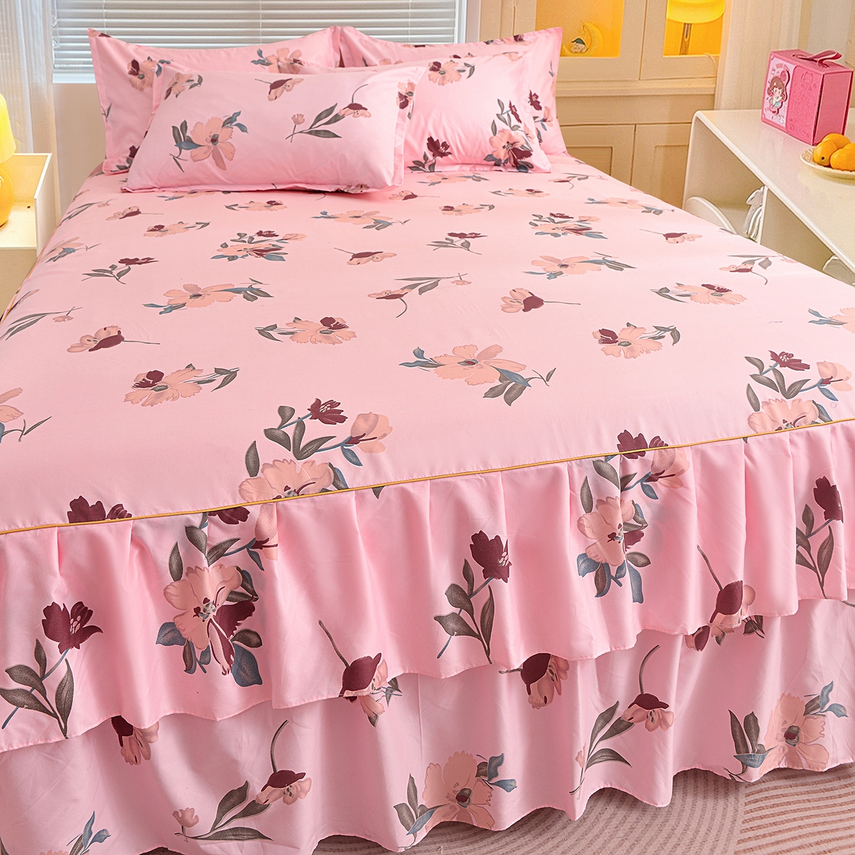 91家纺网 家纺一手货源 找家纺 小雨家纺 2026新款双边芦荟棉韩版跨境四件套 争奇斗艳-粉