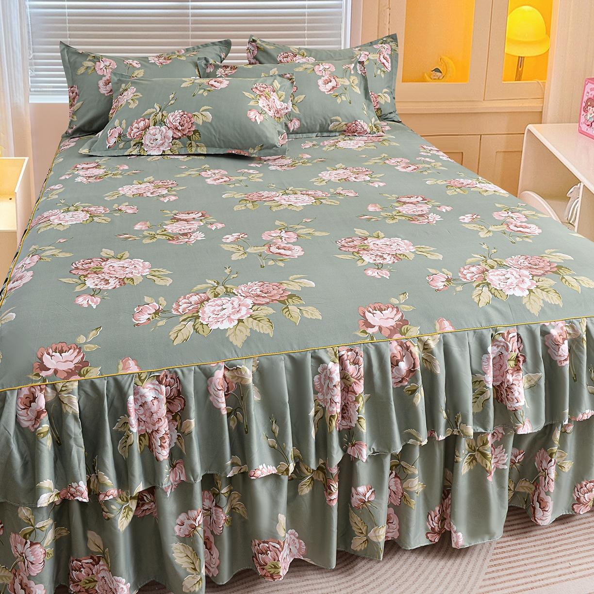 91家纺网 家纺一手货源 找家纺 小雨家纺 2026新款双边芦荟棉韩版跨境四件套 古色古香-绿