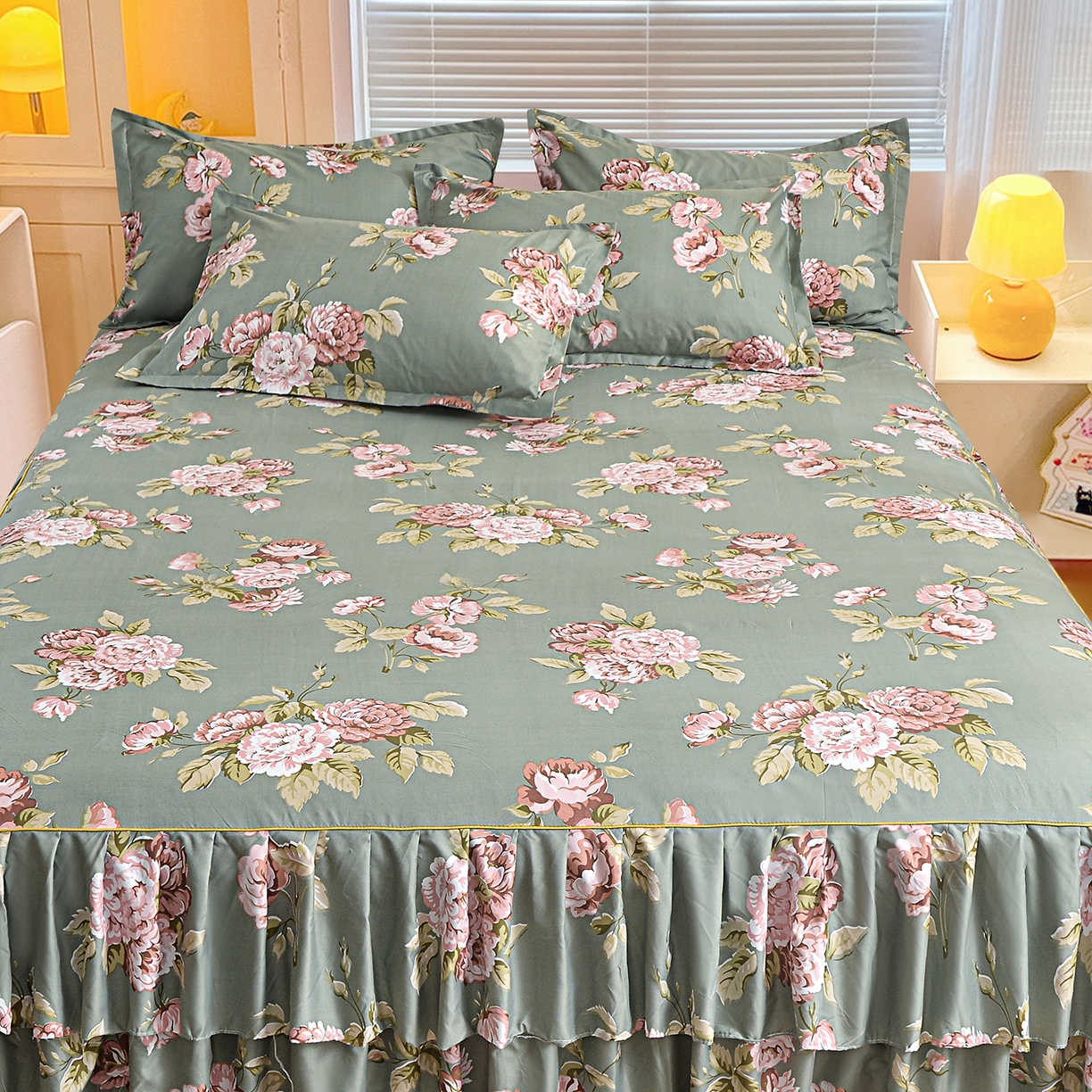 91家纺网 家纺一手货源 找家纺 小雨家纺 2026新款双边芦荟棉韩版跨境四件套 古色古香-绿