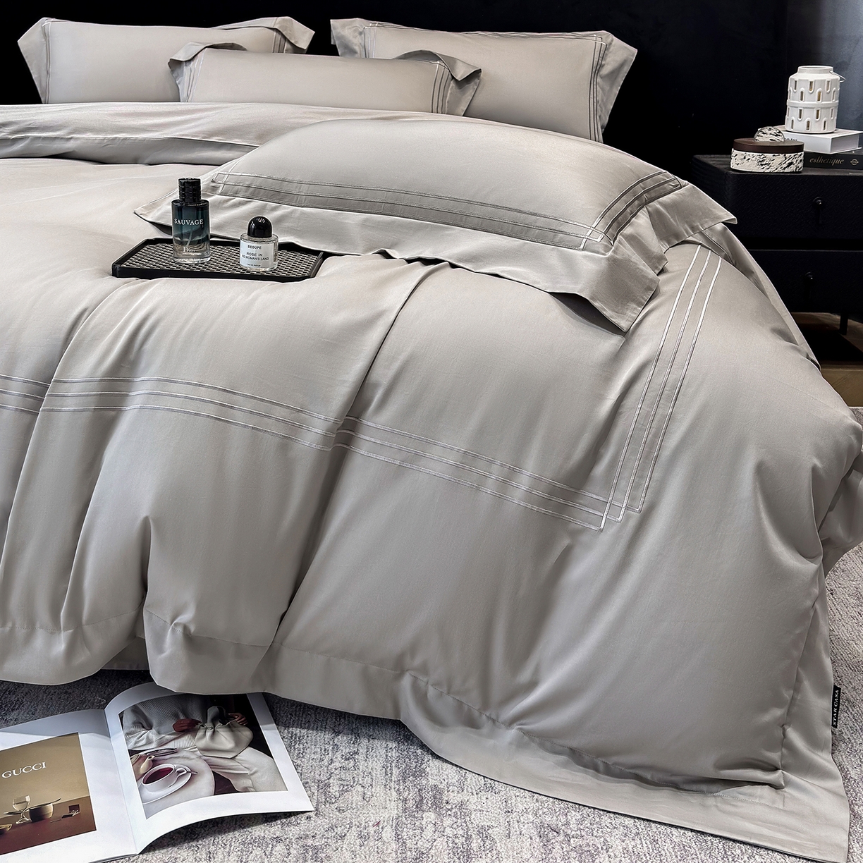 91家纺网 家纺一手货源 找家纺 星蕴家纺 2026新款贡缎长绒棉纯棉四件套-简爱 简爱-高级灰