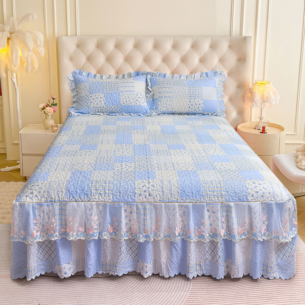 91家纺网 家纺一手货源 找家纺 小雨家纺 2026新款木棉皱皱纱加棉床裙床罩三件套花边被套 2773（云）浅蓝