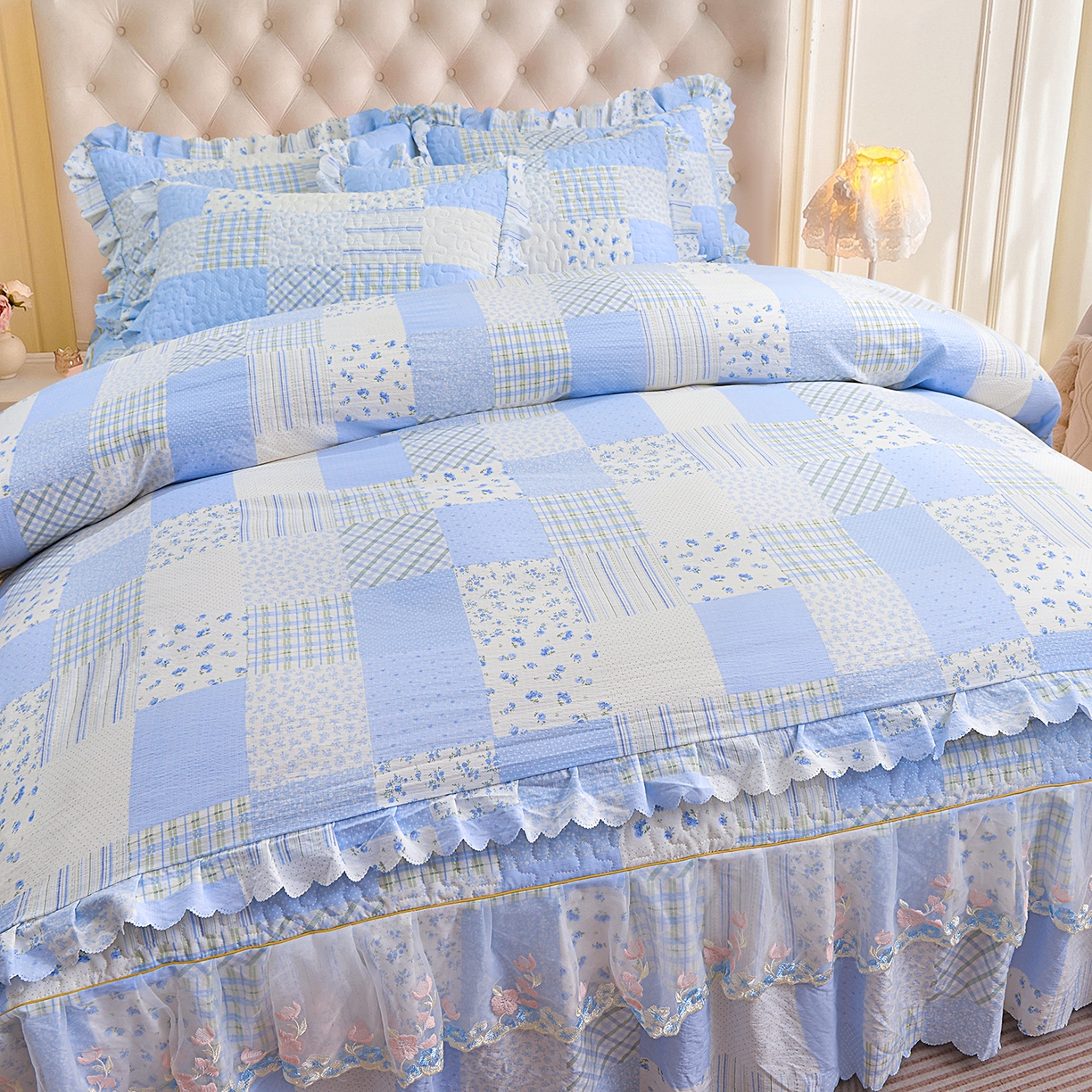 91家纺网 家纺一手货源 找家纺 （总）小雨家纺 2026新款木棉皱皱纱加棉床裙床罩三件套花边被套