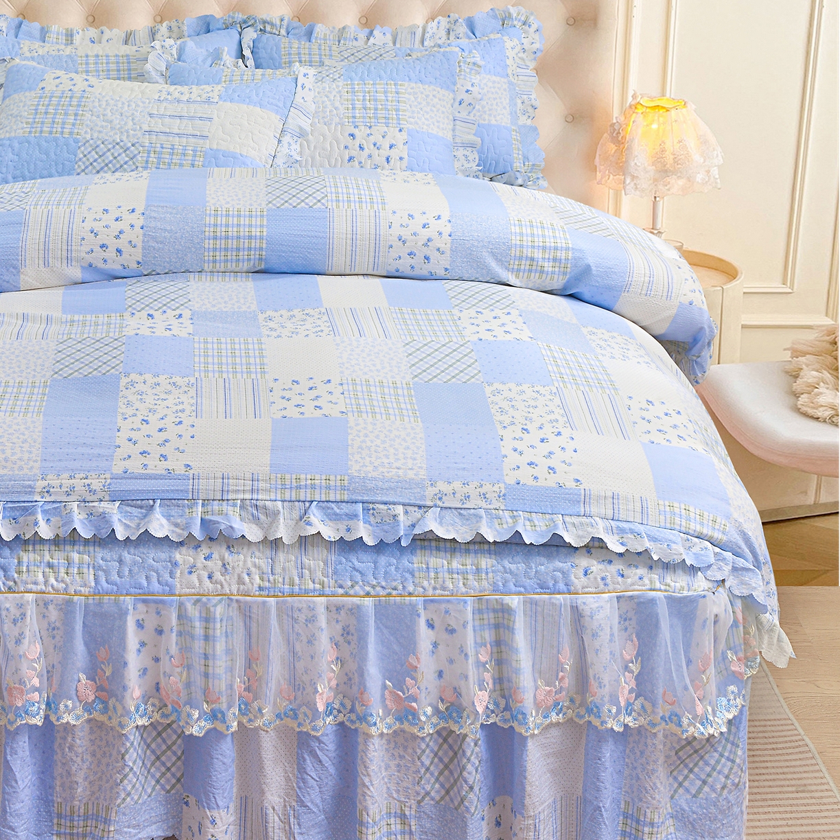 91家纺网 家纺一手货源 找家纺 （总）小雨家纺 2026新款木棉皱皱纱加棉床裙床罩三件套花边被套